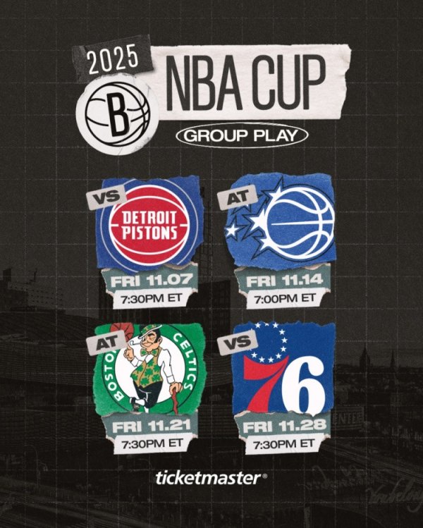 篮网晒NBA杯赛程：11月将先后对阵活塞、魔术、凯尔特人、7