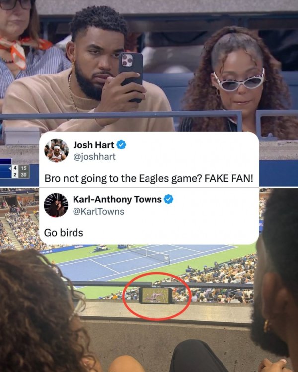 一心多用！唐斯与爱人现场观战美网 自己则用手机看NFL