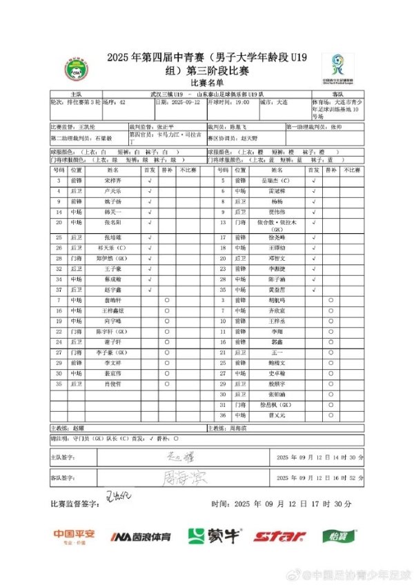 中青赛男子U19组总决赛  ，武汉三镇U19 vs 山东泰山