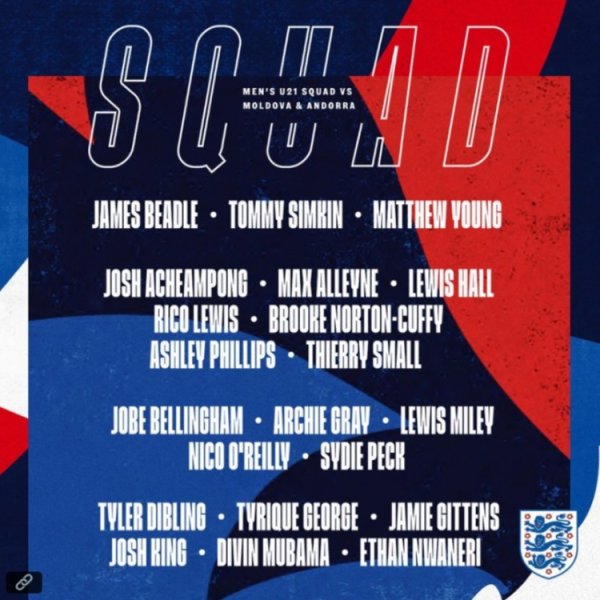 英格兰U21队名单：小贝林厄姆、恩瓦内里、吉滕斯、刘易斯在列