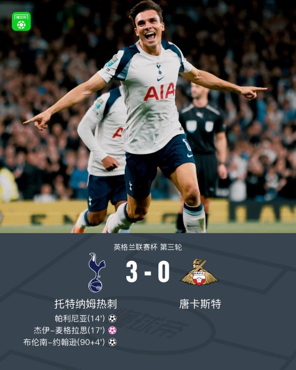 英联杯热刺3-0唐卡斯特晋级下一轮  ，帕利尼亚倒钩破门，布